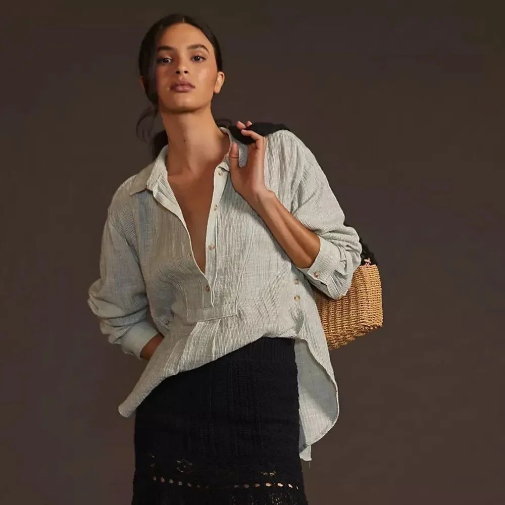 Anthropologie Light S Blue Sreiped Button-Front Cotton Blouse